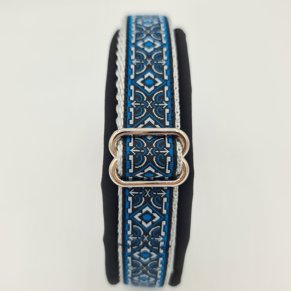 Halsband schwarz-blau-grau mit edler Bordüre verstellbar & gepolstert